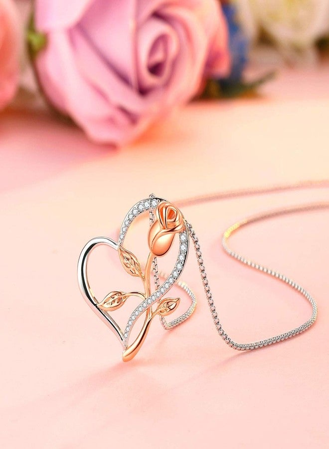 Klurent Rose Necklace for Women, Christmas Necklace with Gift Box, Rose Gold Flower Silver Heart Pendant Unique Necklaces Gift for Wife, Mom, Girlfriend on Christmas, Birthday, Anniversary - Image 4
